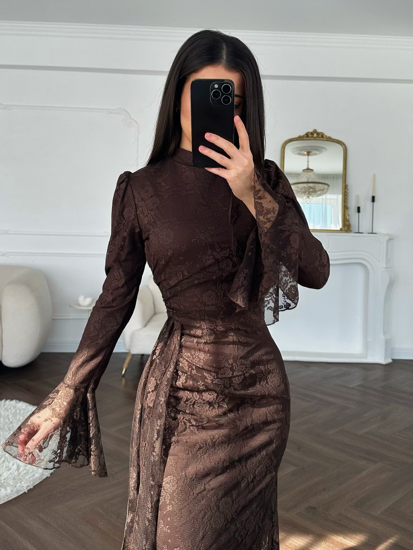 Women Lace Fitted Dresses Solid Evening Dress H Line Ankle Lenth Bell Sleeve Waist Cinch Slim Fit Party Sexy Elegant