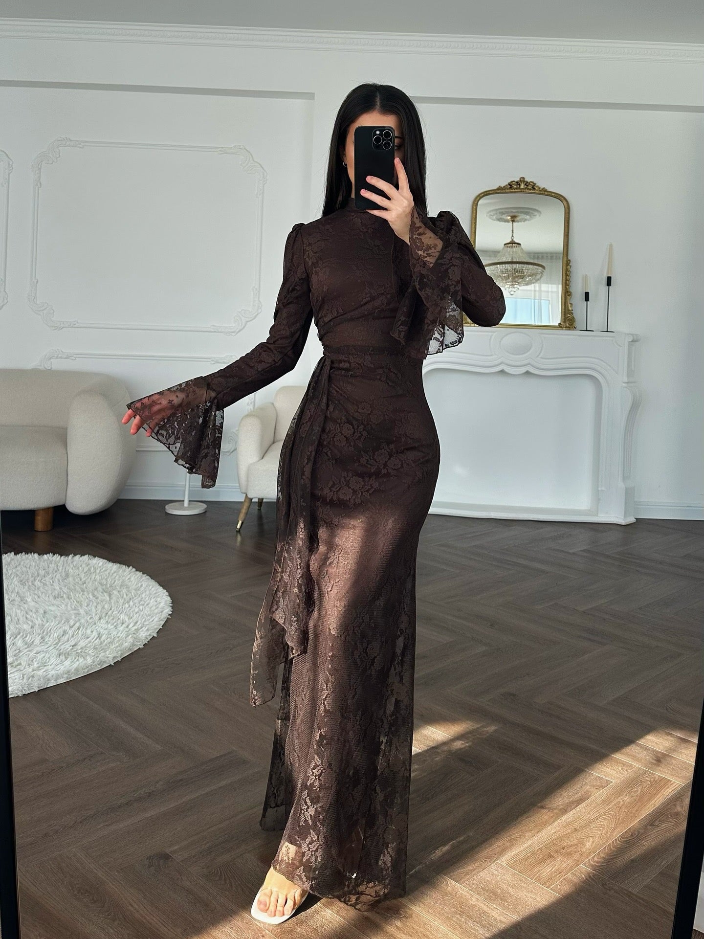 Women Lace Fitted Dresses Solid Evening Dress H Line Ankle Lenth Bell Sleeve Waist Cinch Slim Fit Party Sexy Elegant