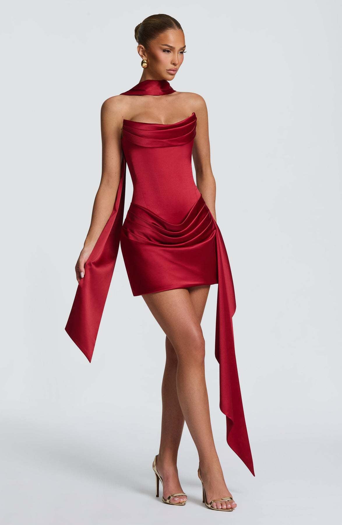 Elegant Strapless Corset Dress Women Sexy Satin Draped Bandage Mini Dress with Scarf Bodycon Cocktail Party Evening Gown
