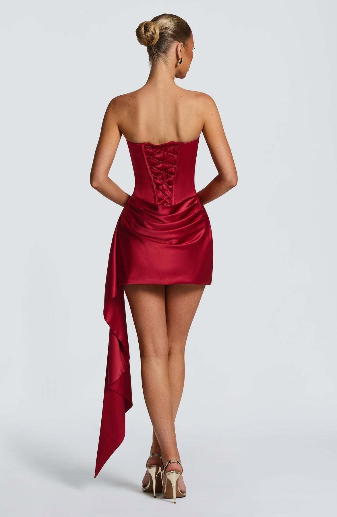 Elegant Strapless Corset Dress Women Sexy Satin Draped Bandage Mini Dress with Scarf Bodycon Cocktail Party Evening Gown