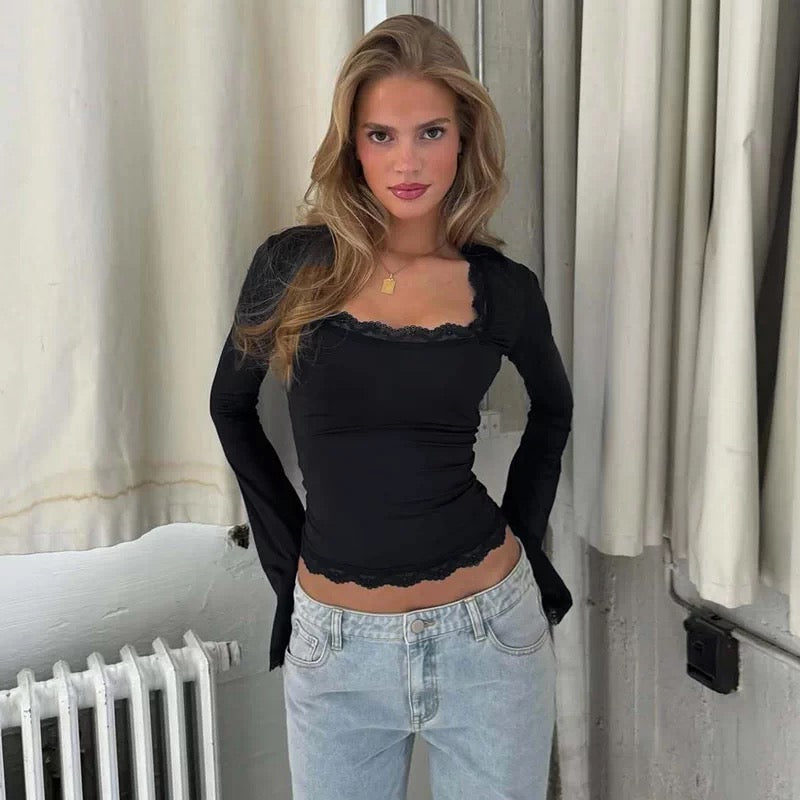 Solid Lace Ruffles Bottom Shirt Sexy Square Slim Fit Long Sleeve T-Shirt Autumn Fashion Hottie Base Layer Shirt Top