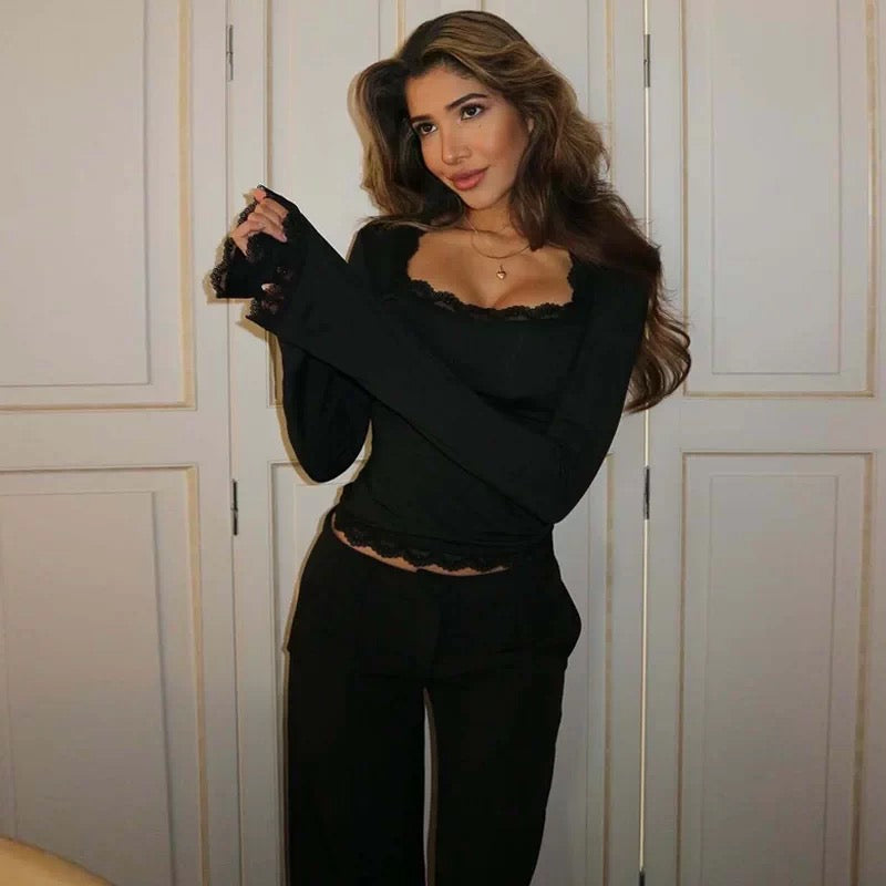 Solid Lace Ruffles Bottom Shirt Sexy Square Slim Fit Long Sleeve T-Shirt Autumn Fashion Hottie Base Layer Shirt Top