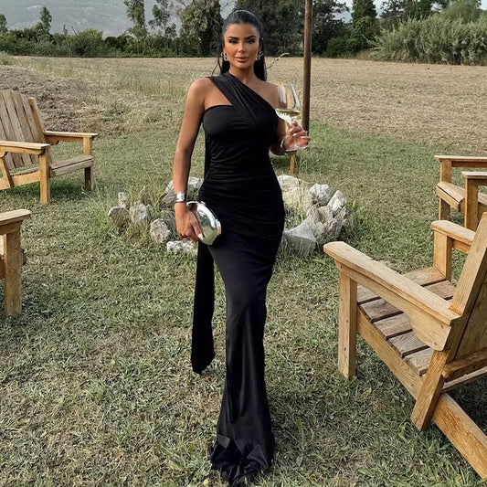 Elegant Women's Party Black Dress 2025 Summer Solid Color Hanging Neck Bareback Strap Split Style Skinny Dress Fishtail Bodycon Dress