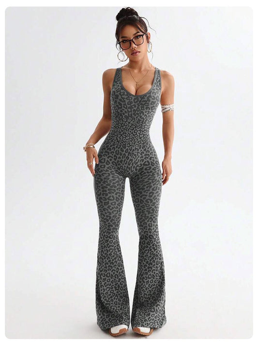 Women Seamless Jumpsuits Long Sleeve One Piece Yoga Overalls Backless Leopard Fitness Gym Bodysuits Flare Pants Sports Tracksuit