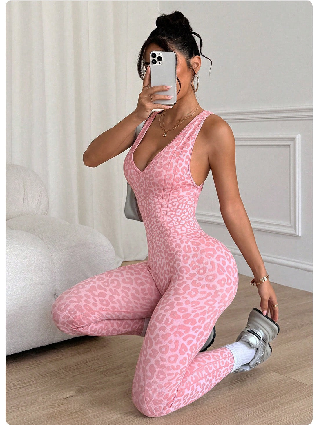 Women Seamless Jumpsuits Long Sleeve One Piece Yoga Overalls Backless Leopard Fitness Gym Bodysuits Flare Pants Sports Tracksuit