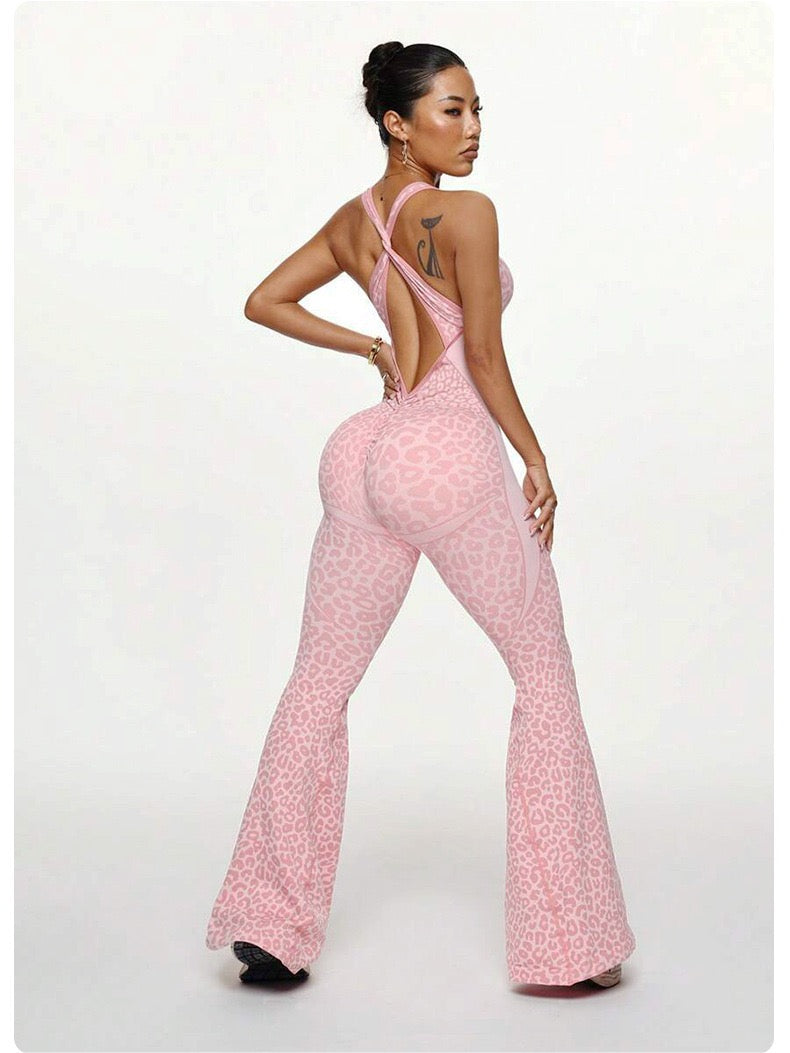Women Seamless Jumpsuits Long Sleeve One Piece Yoga Overalls Backless Leopard Fitness Gym Bodysuits Flare Pants Sports Tracksuit