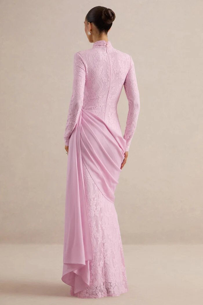 High Neck Long Sleeve Lace Splice Satin Tight Bodycon Maxi Long Casual Dress With Long Ribbon Fall 2026 Trendy Women Clothes