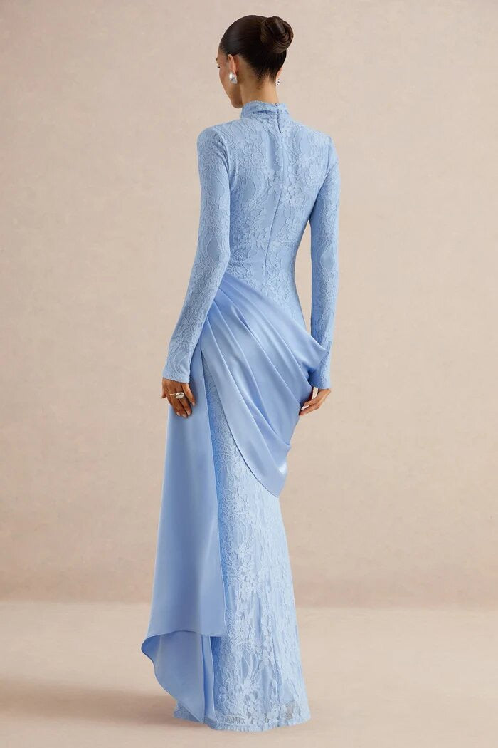 High Neck Long Sleeve Lace Splice Satin Tight Bodycon Maxi Long Casual Dress With Long Ribbon Fall 2026 Trendy Women Clothes