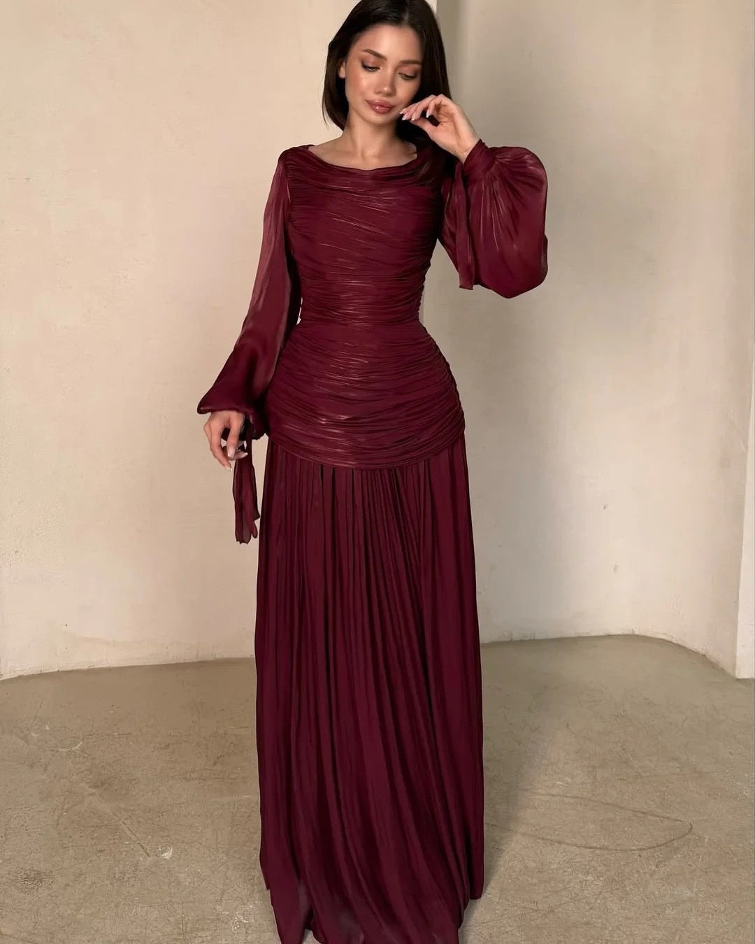 2026 New Arrival Solid Color Long-Sleeve Dress for Women, High Neck Pleated Long Dress