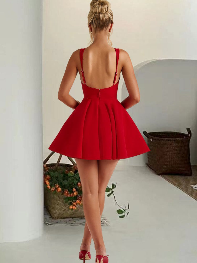 Grazioso vestito a trapezio aderente rosso sexy con spalline sottili mini abito da festa estivo