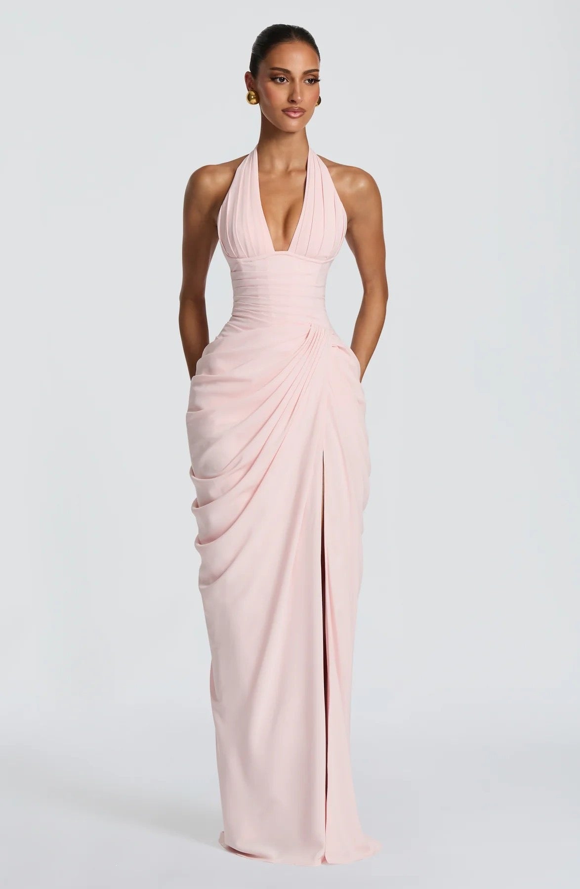 Abito lungo elegante da donna con scollo all'americana, profondo scollo a V, vita arricciata, gonna drappeggiata, spacco frontale, vestibilità aderente, lunghezza a terra, abito da sera formale