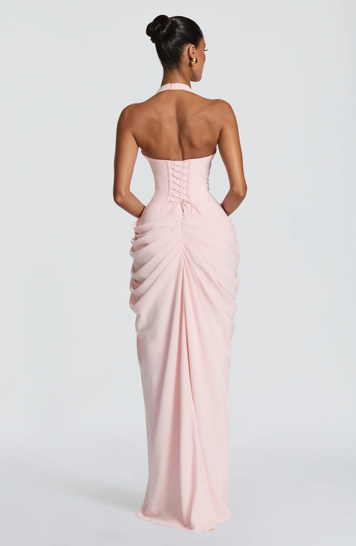 Abito lungo elegante da donna con scollo all'americana, profondo scollo a V, vita arricciata, gonna drappeggiata, spacco frontale, vestibilità aderente, lunghezza a terra, abito da sera formale