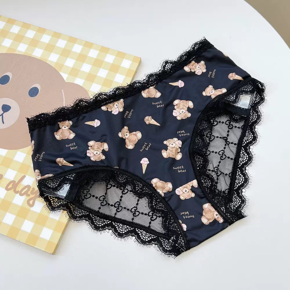 Sweet Bear Print Satin Panties with Delicate Lace Trim, Soft Silky Finish and Cute Ice Cream Teddy Pattern Underwear