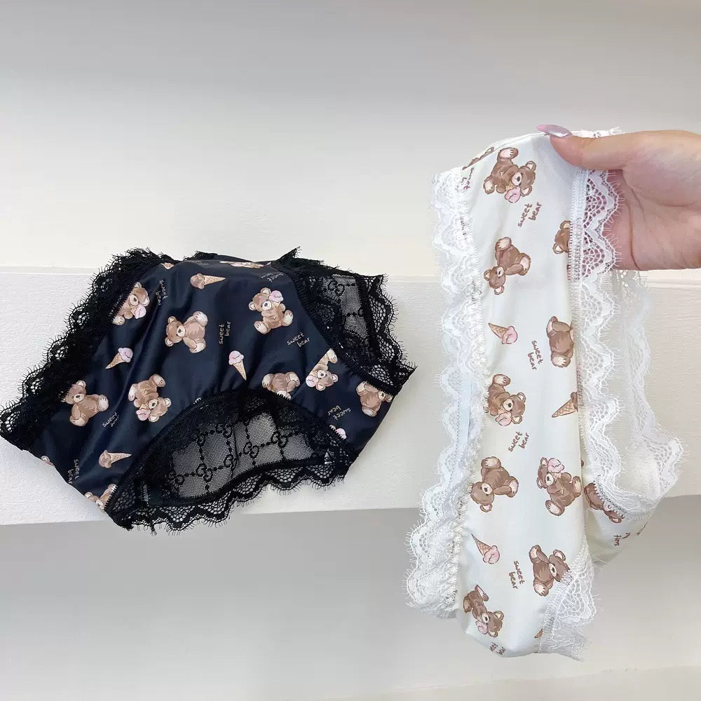 Sweet Bear Print Satin Panties with Delicate Lace Trim, Soft Silky Finish and Cute Ice Cream Teddy Pattern Underwear
