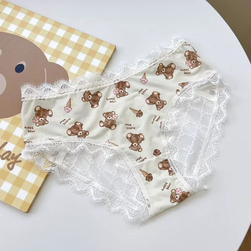 Sweet Bear Print Satin Panties with Delicate Lace Trim, Soft Silky Finish and Cute Ice Cream Teddy Pattern Underwear