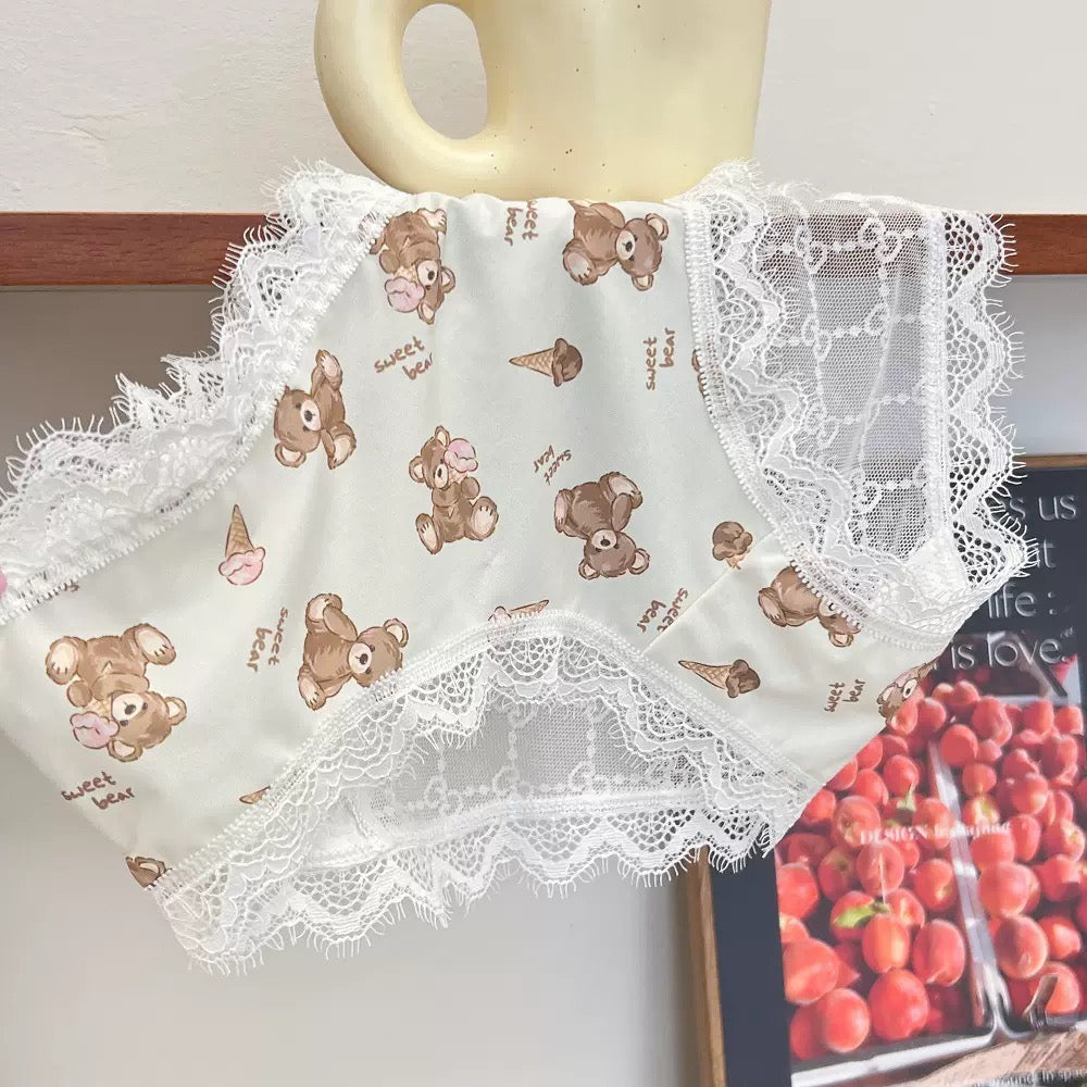 Sweet Bear Print Satin Panties with Delicate Lace Trim, Soft Silky Finish and Cute Ice Cream Teddy Pattern Underwear