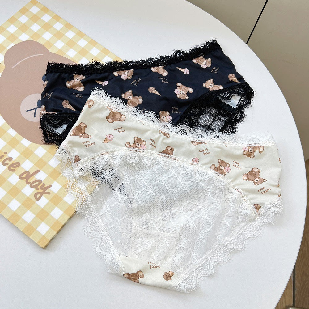 Sweet Bear Print Satin Panties with Delicate Lace Trim, Soft Silky Finish and Cute Ice Cream Teddy Pattern Underwear