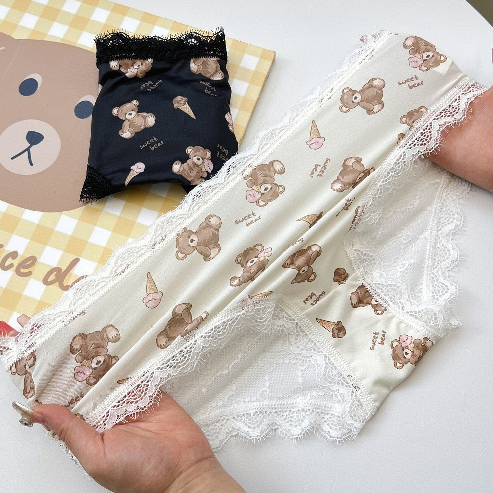 Sweet Bear Print Satin Panties with Delicate Lace Trim, Soft Silky Finish and Cute Ice Cream Teddy Pattern Underwear