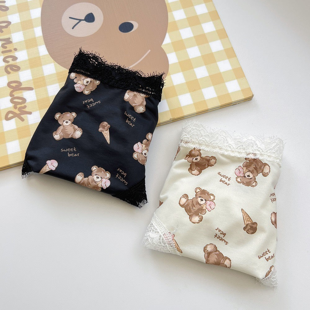 Sweet Bear Print Satin Panties with Delicate Lace Trim, Soft Silky Finish and Cute Ice Cream Teddy Pattern Underwear