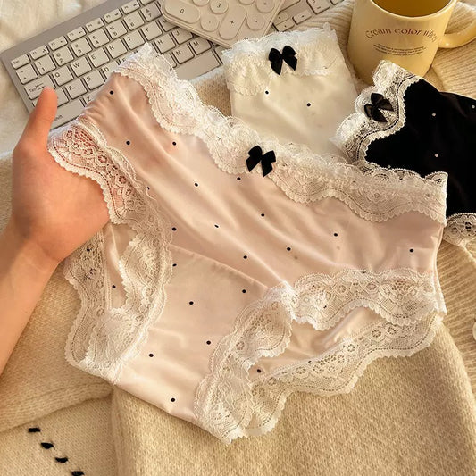 Polka Dot Satin Panties with Delicate Scalloped Lace Trim, Contrast Bow Detail and Soft Silky Finish Women’s Underwear