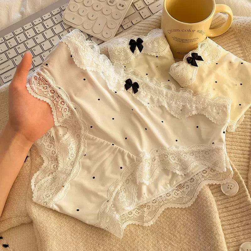 Polka Dot Satin Panties with Delicate Scalloped Lace Trim, Contrast Bow Detail and Soft Silky Finish Women’s Underwear