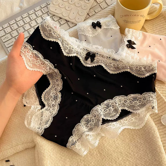 Polka Dot Satin Panties with Delicate Scalloped Lace Trim, Contrast Bow Detail and Soft Silky Finish Women’s Underwear