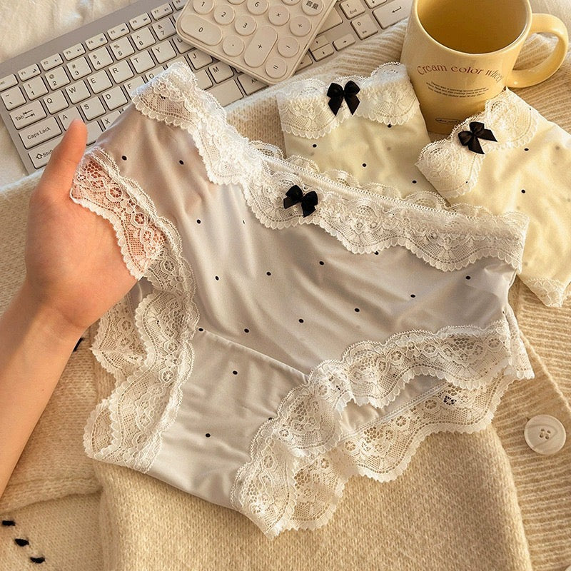 Polka Dot Satin Panties with Delicate Scalloped Lace Trim, Contrast Bow Detail and Soft Silky Finish Women’s Underwear