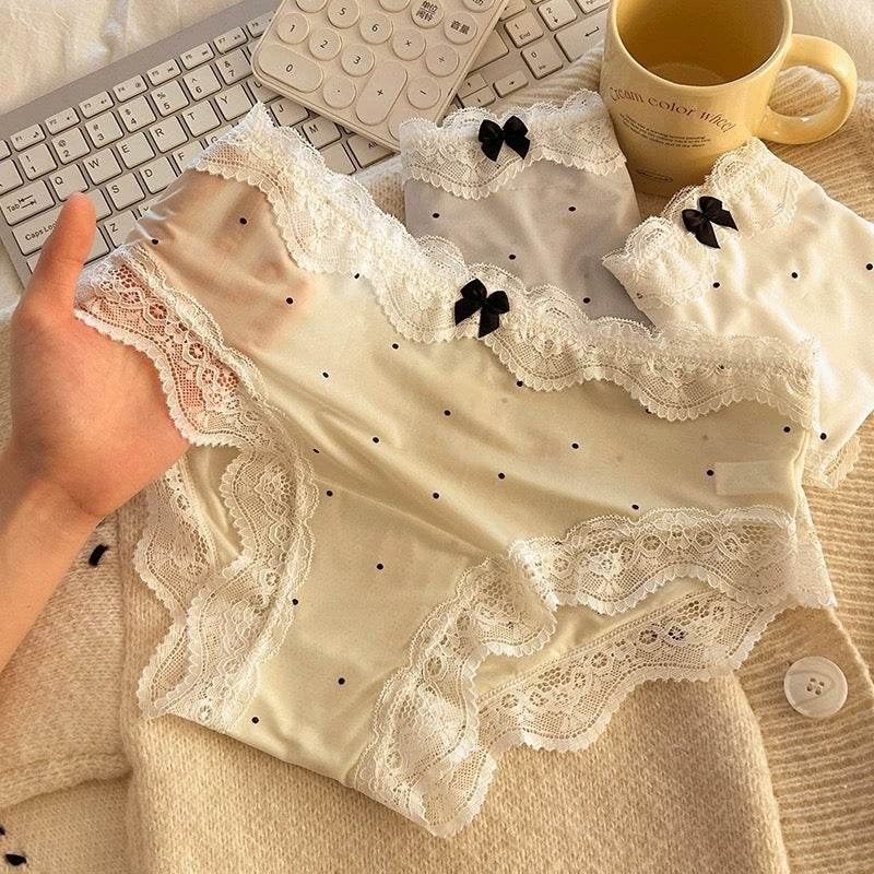 Polka Dot Satin Panties with Delicate Scalloped Lace Trim, Contrast Bow Detail and Soft Silky Finish Women’s Underwear