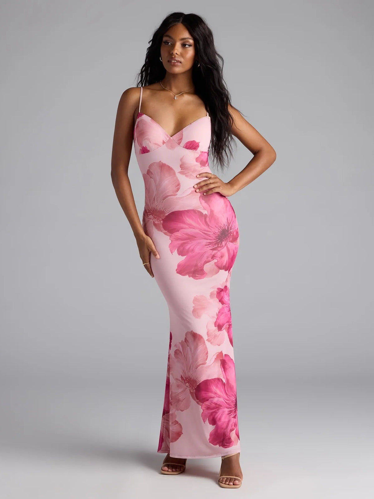 Pink Floral Print Spaghetti Strap Maxi Dress with Plunging V-Neckline, Fitted Bodycon Silhouette and Elegant Floor-Length Skirt