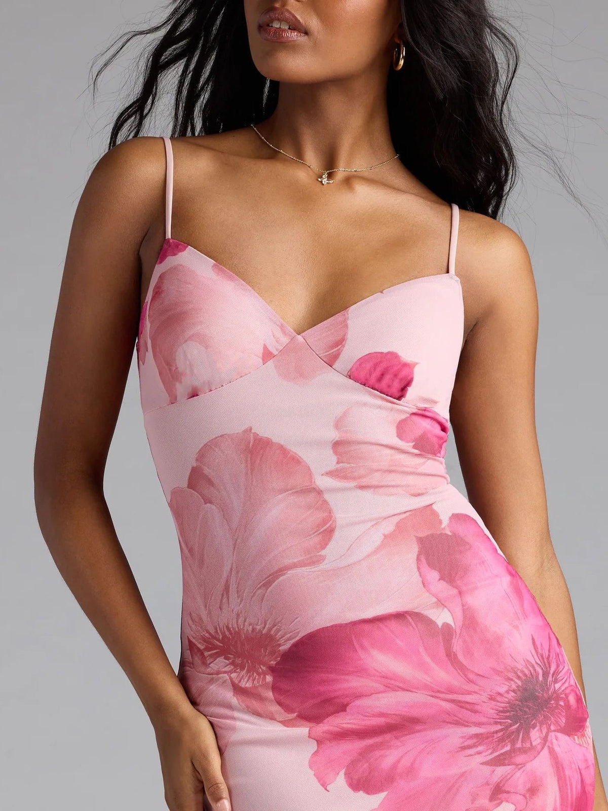 Pink Floral Print Spaghetti Strap Maxi Dress with Plunging V-Neckline, Fitted Bodycon Silhouette and Elegant Floor-Length Skirt