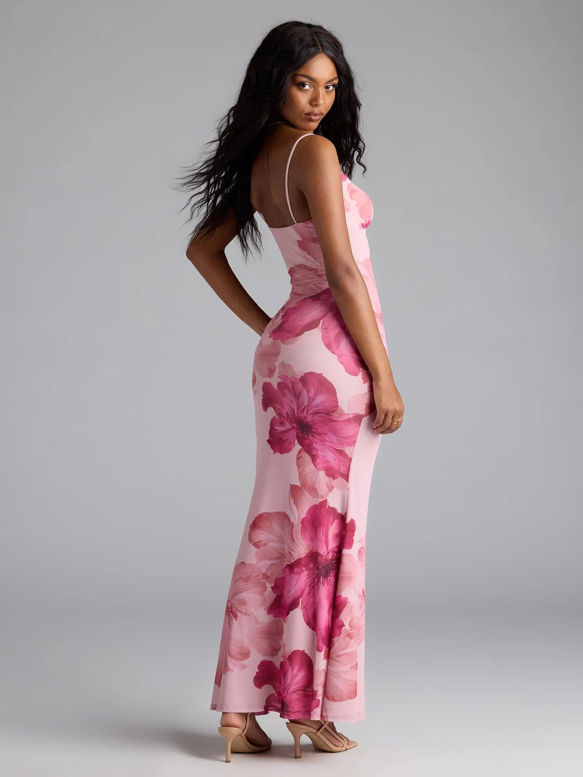 Pink Floral Print Spaghetti Strap Maxi Dress with Plunging V-Neckline, Fitted Bodycon Silhouette and Elegant Floor-Length Skirt