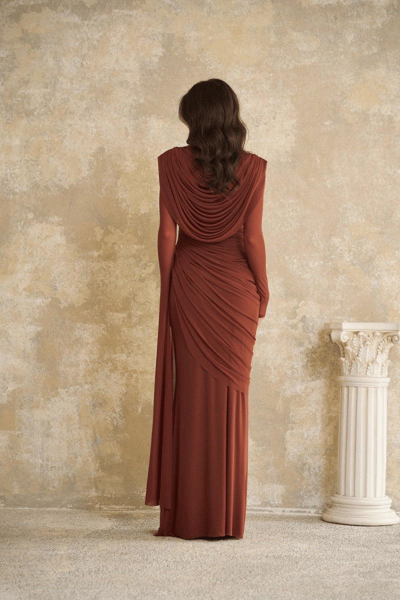 Women's Elegant Rust Brown Draped Maxi Dress with High Neckline, Long Fitted Sleeves, Layered Cowl Draping, Asymmetric Ruched Waist & Flowing Floor-Length Skirt