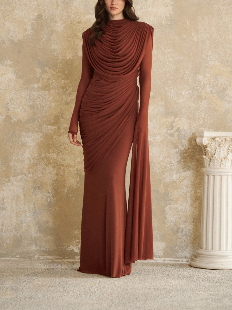 Women's Elegant Rust Brown Draped Maxi Dress with High Neckline, Long Fitted Sleeves, Layered Cowl Draping, Asymmetric Ruched Waist & Flowing Floor-Length Skirt