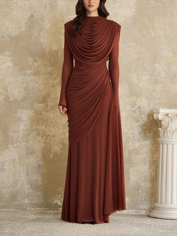 Women's Elegant Rust Brown Draped Maxi Dress with High Neckline, Long Fitted Sleeves, Layered Cowl Draping, Asymmetric Ruched Waist & Flowing Floor-Length Skirt