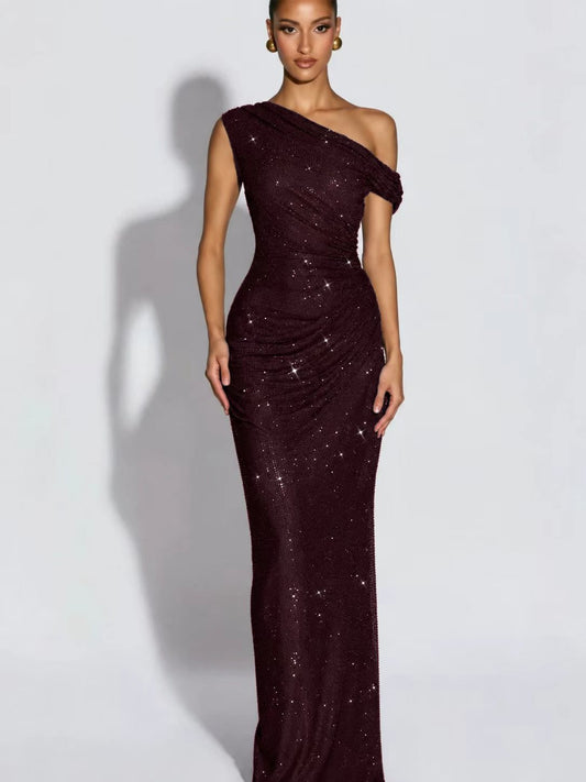 Elegant One Shoulder Sequins Party Dress Chic Sexy Backless Fold Design Slim Fit Female Long Gown 2026 Customized
