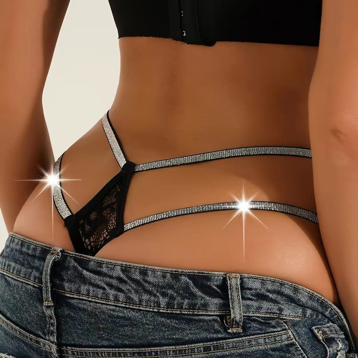 Women's Black Sheer Floral Lace Thong Panties with Sparkling Rhinestone Double-Strap Waistband, High-Cut Design & Elegant Strappy Cutout Detailing