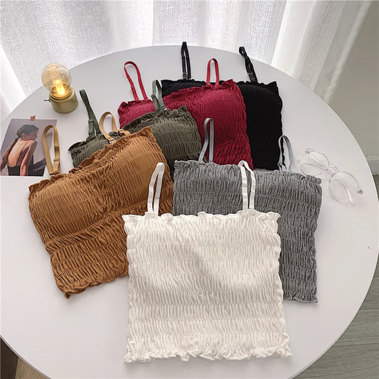 2025 Summer Solid Color Elastic Tube Top Vest Suspenders Adjustable Two-Wear Pleated Top Women's Slim Sexy