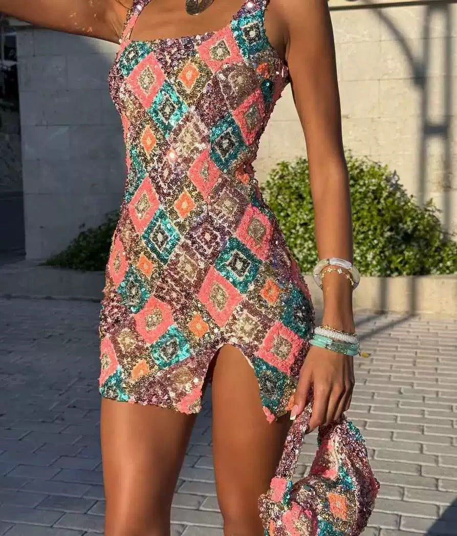 Colorful Diamond Pattern Sequin Slit Sexy Dress Women 2026 Elegant Party Dress Backless Mini Summer Dress Vestidos collection