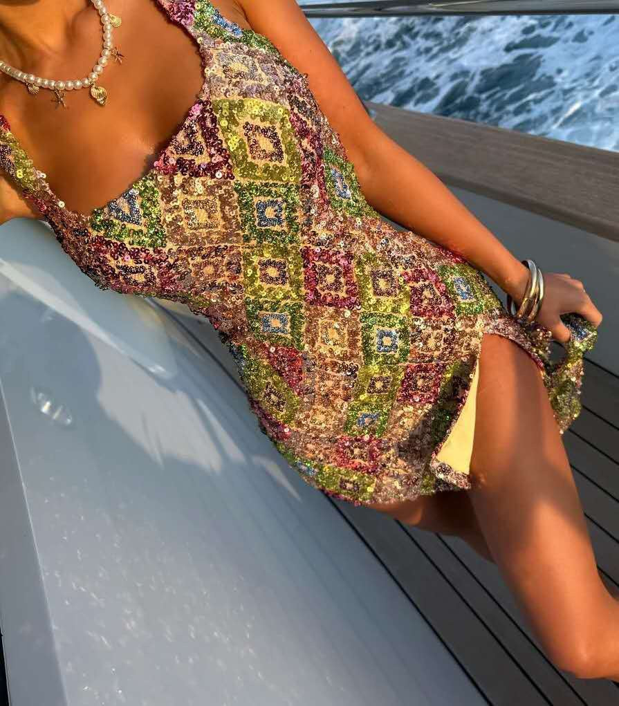 Colorful Diamond Pattern Sequin Slit Sexy Dress Women 2026 Elegant Party Dress Backless Mini Summer Dress Vestidos collection