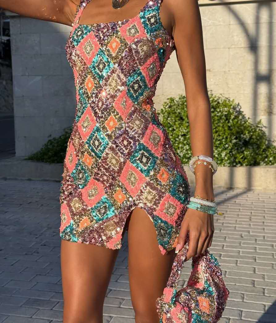Colorful Diamond Pattern Sequin Slit Sexy Dress Women 2026 Elegant Party Dress Backless Mini Summer Dress Vestidos collection