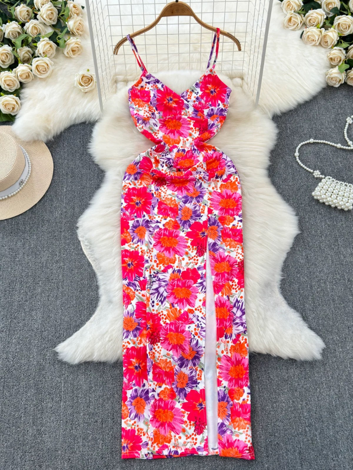 Floral Print Dress Women Summer Elegant V Neck A Line Sleeveless Tank Dress