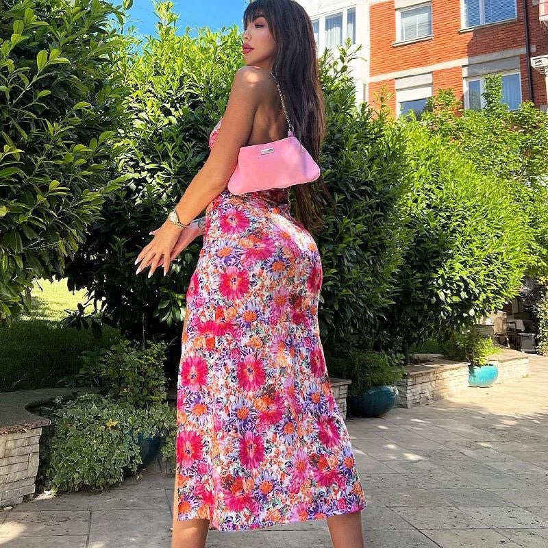 Floral Print Dress Women Summer Elegant V Neck A Line Sleeveless Tank Dress