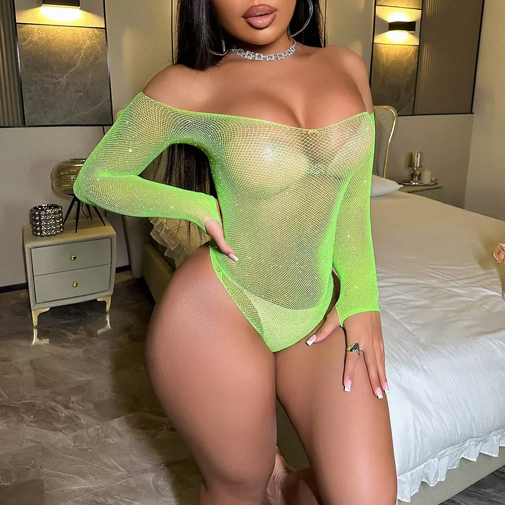 Sparkly Bodysuit Body Stockings Women's Fishnet See-through Tops Summer Hollow Long Sleeve Tights 2025 Sexy Costumes