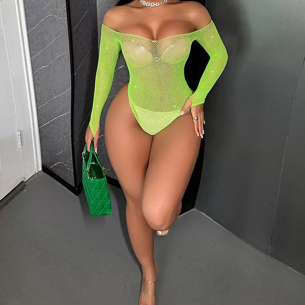 Sparkly Bodysuit Body Stockings Women's Fishnet See-through Tops Summer Hollow Long Sleeve Tights 2025 Sexy Costumes