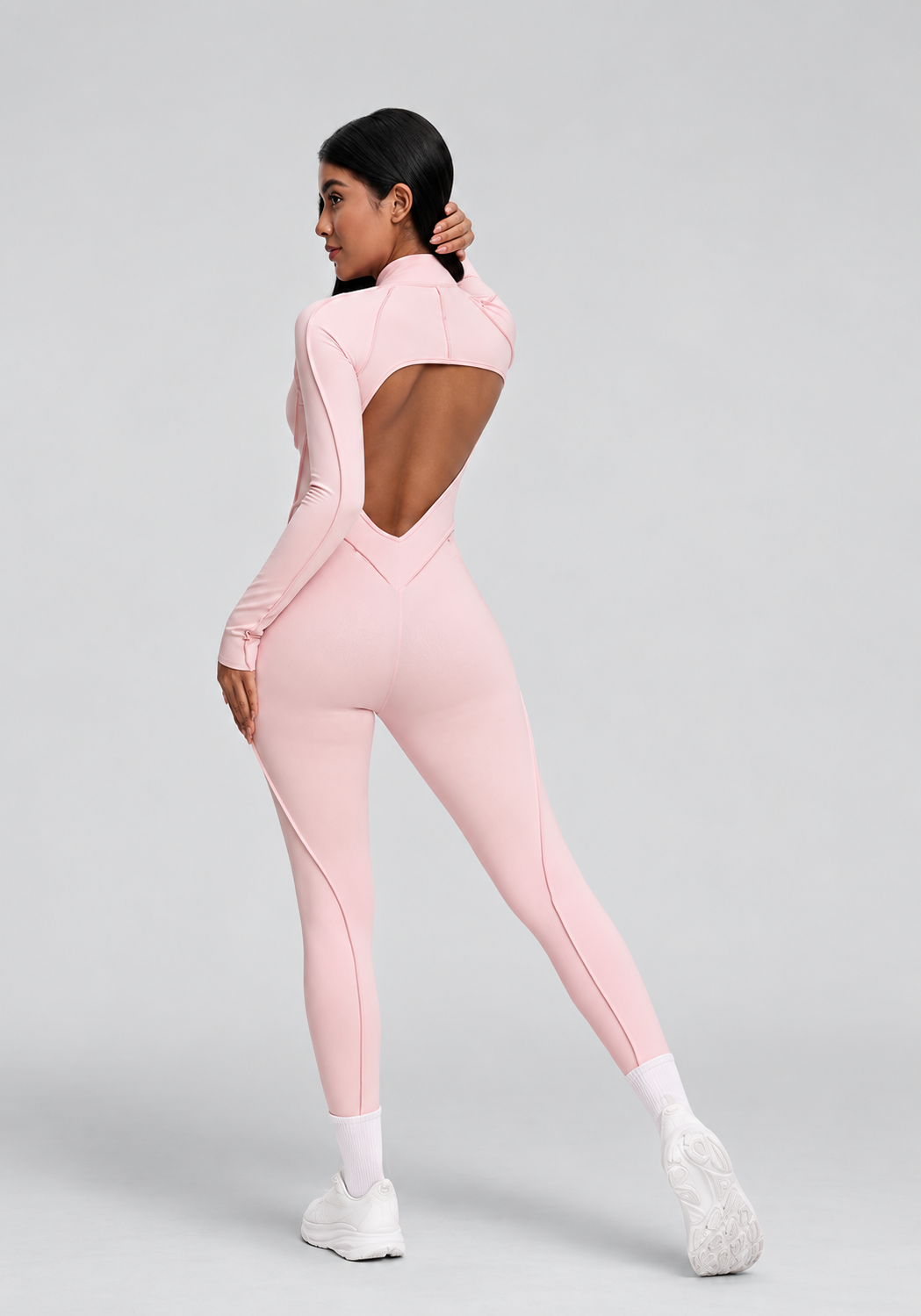 Gym Workout Women Backless Yoga Jumpsuit Long Sleeve Half Zip Skinny Sweat-Wicking Seamless Spaghetti Strap