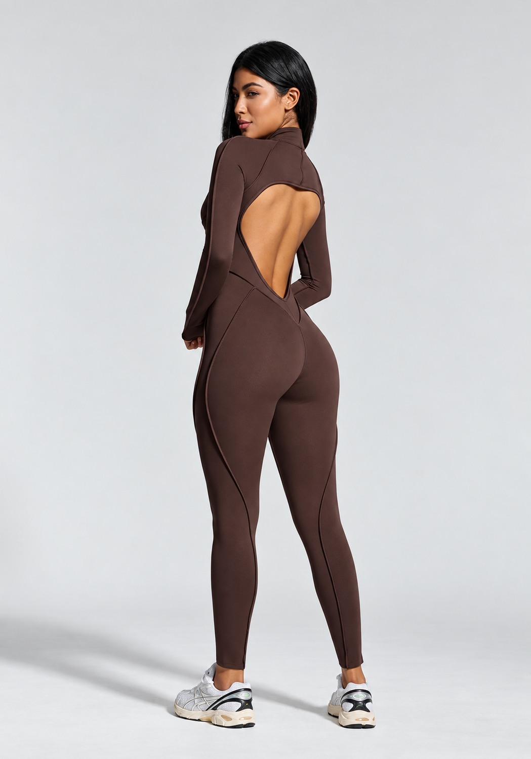 Gym Workout Women Backless Yoga Jumpsuit Long Sleeve Half Zip Skinny Sweat-Wicking Seamless Spaghetti Strap
