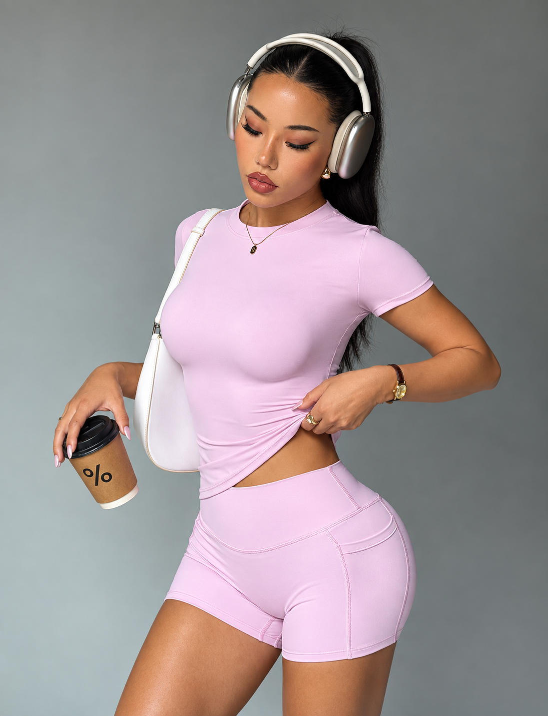Summer Activewear Set Quick Dry Fabric Tummy Control Yoga Shorts Matching Solid Short Sleeve Workout Top Waist Detail for Ladies