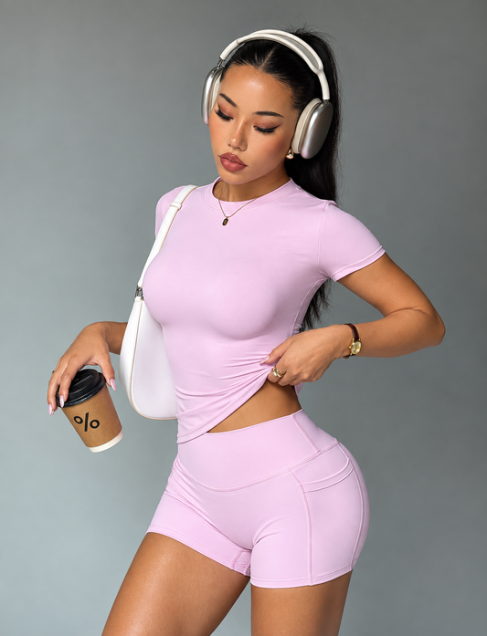 Summer Activewear Set Quick Dry Fabric Tummy Control Yoga Shorts Matching Solid Short Sleeve Workout Top Waist Detail for Ladies