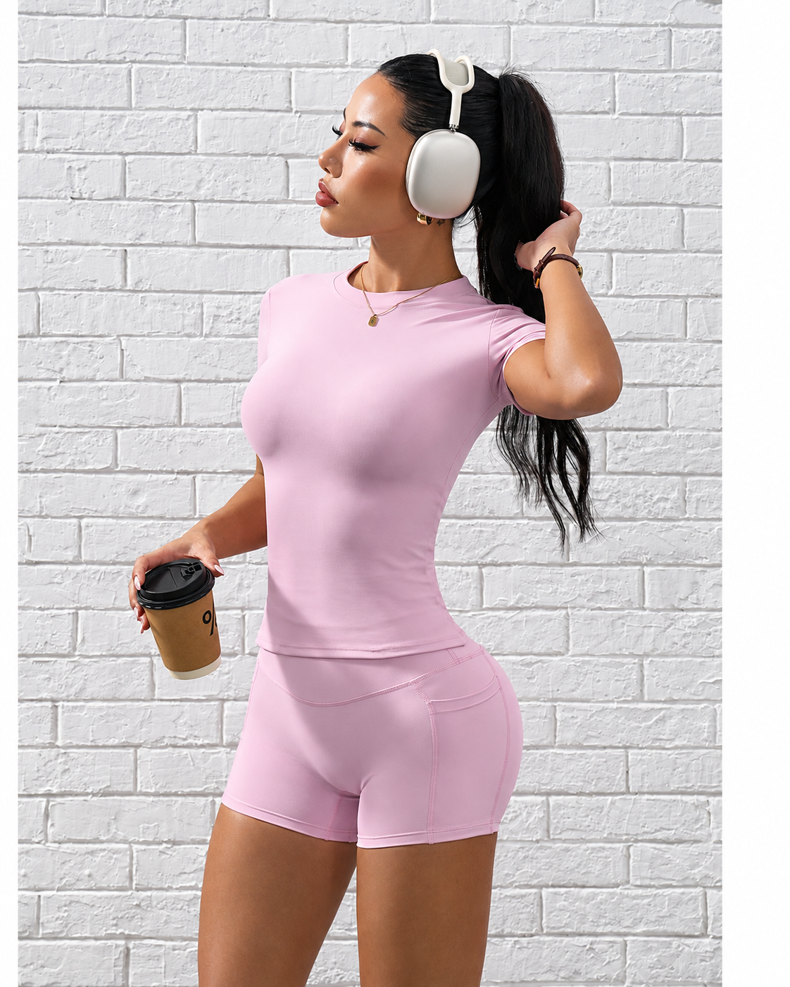 Summer Activewear Set Quick Dry Fabric Tummy Control Yoga Shorts Matching Solid Short Sleeve Workout Top Waist Detail for Ladies