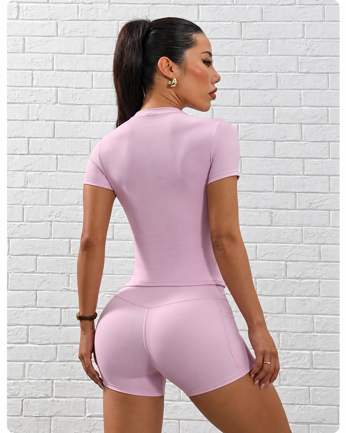 Summer Activewear Set Quick Dry Fabric Tummy Control Yoga Shorts Matching Solid Short Sleeve Workout Top Waist Detail for Ladies